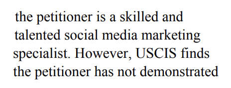 USCIS: the petitioner is a skilled and talented social media marketing specialist. However…