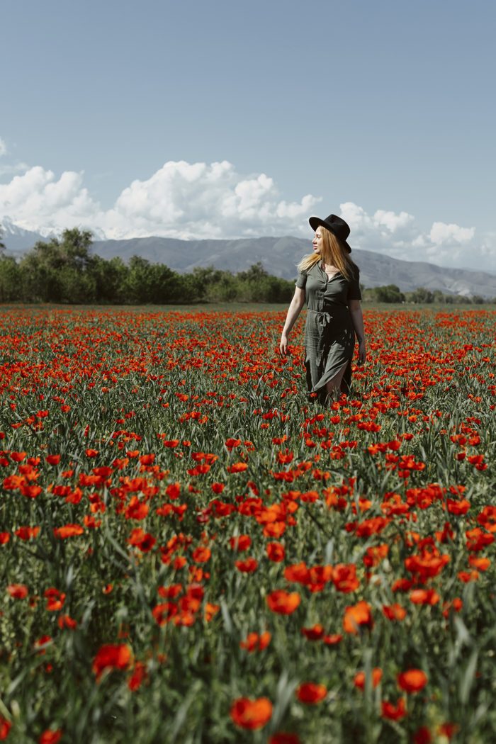 Angelika in a poppy field in Kazakhstan, mountains behind