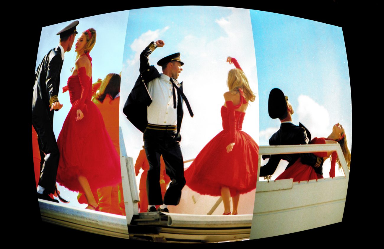 SkyUp campaign triptych: a pilot and a woman in red dancing on the airstair