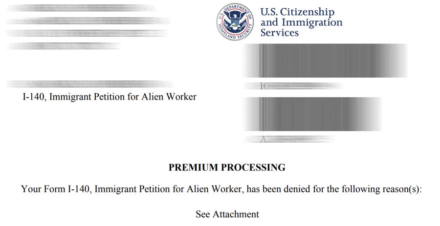 USCIS letter: Form I-140 has been denied (personal data blurred)